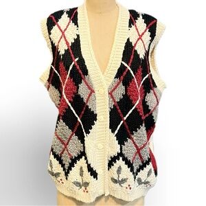 VINTAGE‎ diamond harlequin plaid knit sweater vest cardigan chunky thick button